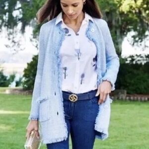 J. McLaughlin Lexa Knit Fringe Trim Coastal Blue Sweater Cardigan Jacket